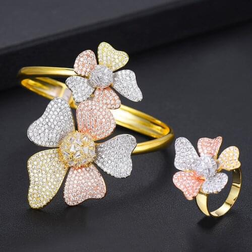 Blachette Hot Gorgeous Brand Flowers Adjustable Openning Bangle Ring Jewelry Set for Women Important Occasion Party Noble Symbol