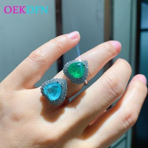 OEKDFN 100% 925 Sterling Silver Rings Heart Paraiba Tourmaline Emerald Gemstone Wedding Engagement Ring Finger Bands Jewelry