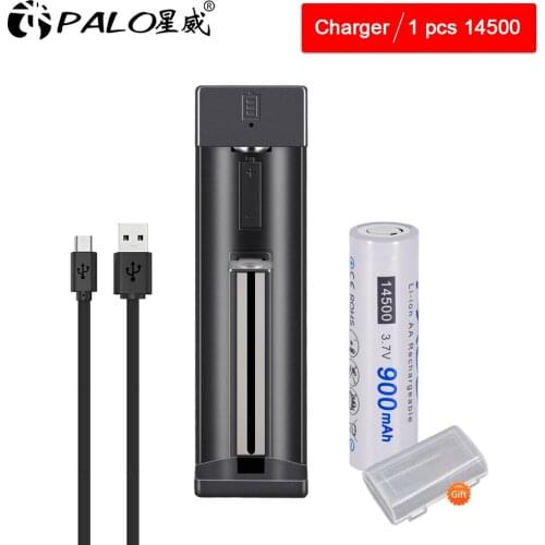 PALO 3.7V 14500 AA Li-ion rechargeable batteries 900mAh for LED flashlight+charger for 14500 18650 16350 18500 etc battery
