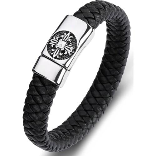 Multicolor Trendy Braided Leather Bracelet Men Punk Jewelry Stainless Steel Cross Retro Pattern Hand Bangles Male Wristband P082