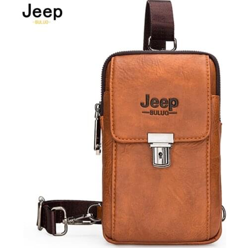JEEP BULUO Split Leather Waist Packs Men Fanny Belt Fashion Phone Bags Chest Shoulder Male Small Casual Office Bag