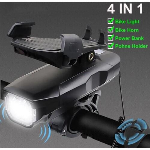 Newest 4 in 1 Bicycle Light LED Bike Front Light USB Rechargeable Power Bank Cycling Phone Holder Horn MTB Flashlight Bike Light