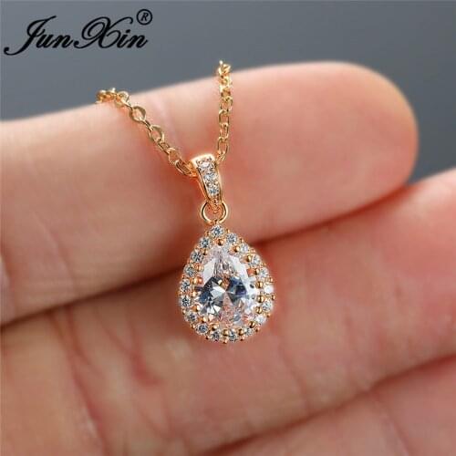Pear Cut Water Drop Crystal Stone Pendant Clavicle Necklaces For Women White Gold Rose Gold Color White Zircon Wedding Necklace