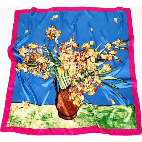 Van Gogh 90CM Neckerchief Classical Flowerpot Lily Ladies Shawl Big Square Scarf Silk Kerchief Neck Scarf Wholesale