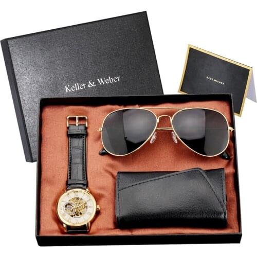Keller & Weber Birthday Gift Watch Set for Son/Husband Mechanical Self-Winding Wristwatch Key Package Sunglasses Present Sets
