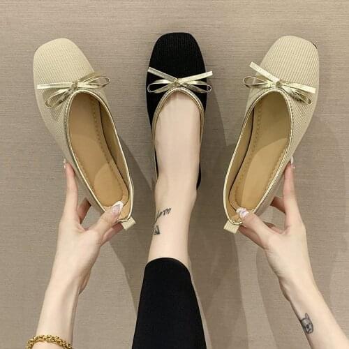Square Toe Single Shoes Women Shallow Mouth Pregnant Women Soft Sole Flat Shoes Bow Fashion Shoes Non-slip Four Seasons Shoes