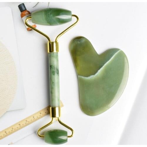 Green Xiuyan Jad Anti-aging Anti-wrinkles Skin Rejuvenate Tools Jade Stone Facial Massage Roller With Gusha Set for Face Care