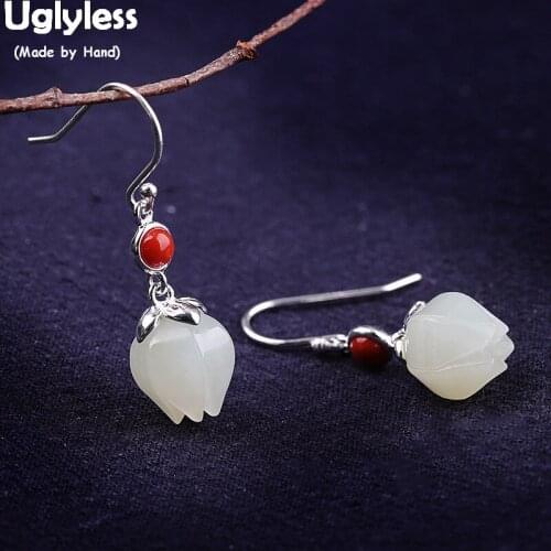 Uglyless Handmade Natural Jade Lotus Earrings Women Ethnic Agate Gemstones Floral Earrings Real 925 Silver Brincos Bijoux E1474