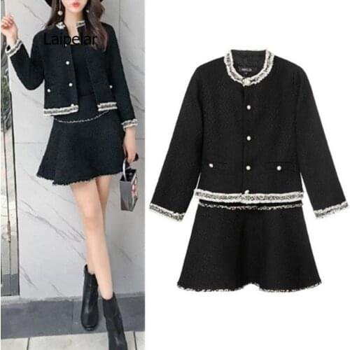Womens 2021 autumn and winter new tweed design jacket jacket Ladies trendy loose short coat top + short skirt two-piece suit
