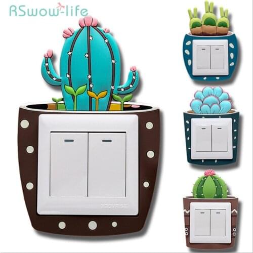 2Pcs 8.6*8.6cm Simple Wall-Mounted Socket Decoration Cactus Night-Light Switch Sticker Living Room Cartoon Plant Silica Gel