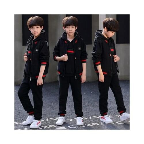 2019 Autumn Winter Warm Kids Boys Clothing 3 Piece Sets Plus Velvet Thickening Vests+Hoodies+Trousers Childrens Outfits 5-15T