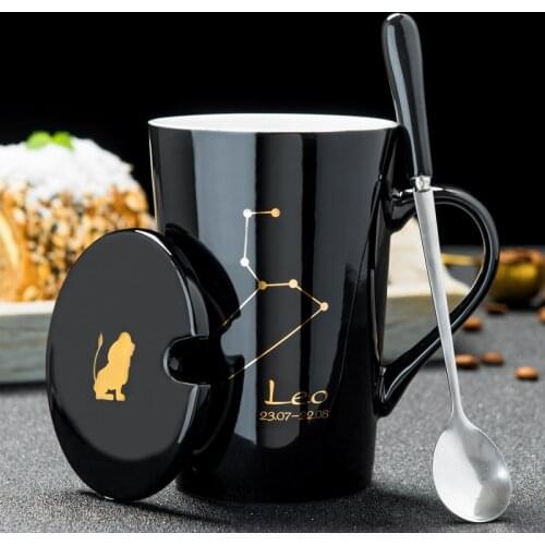 412 Constellation Creative Ceramic Couple Mug, with Spoon Cover Black Gold Porcelain Zodiac Milk Coffee Cup 420ML