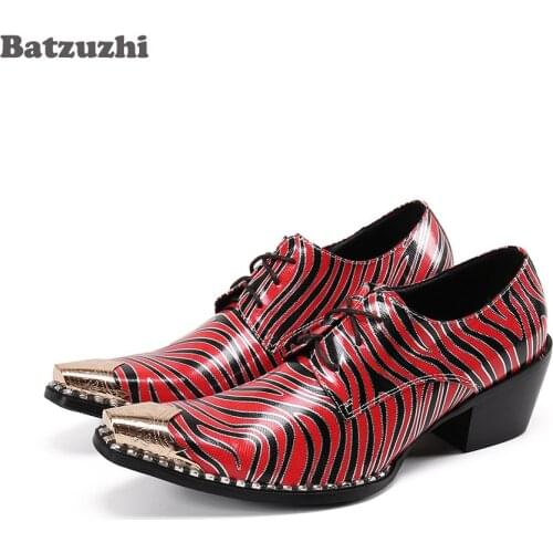 Batzuzhi 6.5cm High Heels Mens Shoes Golden Metal Toe Red Leather Dress for Mens Party & Wedding Lace-up Punk Zapatos Hombre