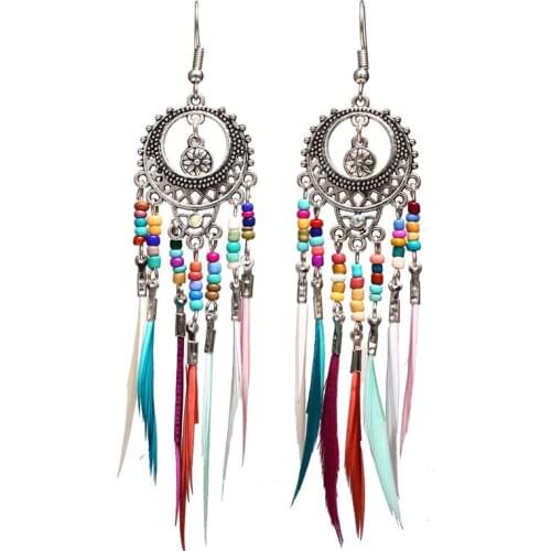 Bohemian Long Feather Dangle Earrings For Women Big Ethnic Fringed Beads Earrings 2019 Long Earrings Vintage Female Jewelry