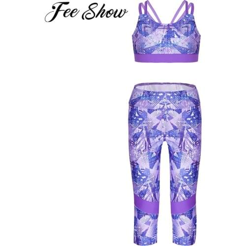 Kids Girls Sport Suit Set Running Gym Workout Outfit Spaghetti Straps Cropped Sport Top High Waist Pants Set Stretchy Sportswear