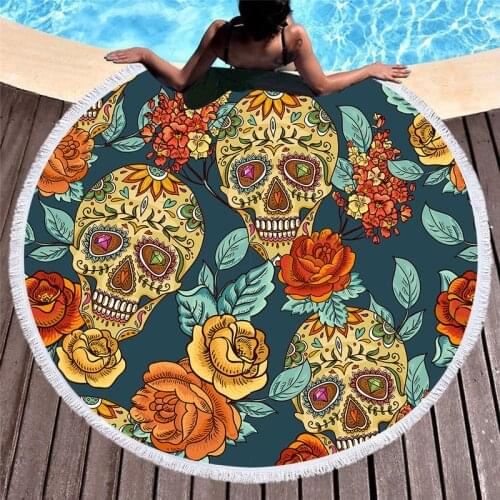 European and American New Holiday Round Printed Beach Towel Skull Head Oversized Round Lace Beach Towel Fringed Lace