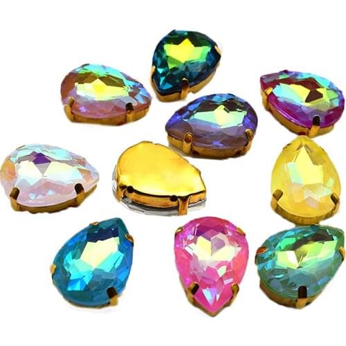 Hot Sale Beautiful Gold Base Mocha Fluorescent Teardrop Crystal Glass Flatback Sewing Rhinestones DIY Clothing Decoration