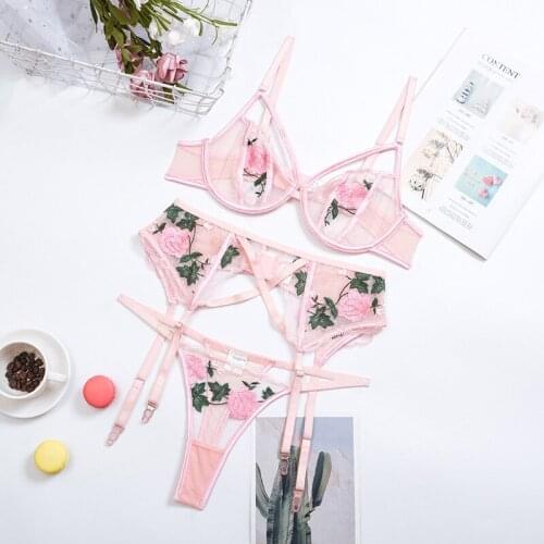 Hot sexy lingerie lace flower perspective temptation embroidery three-point garter stockings women high waist underwear set