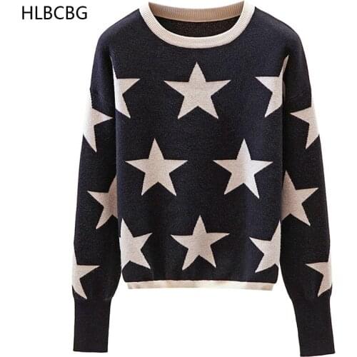 HLBCBG Fall Winter Womens Sweater O-Neck Black White Star Pullover Knitting Sweaters Warm Long Sleeve Casual Jumper Female