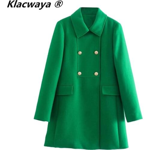 Klacwaya 2021 Women Fashion Green Vintage TurnDown Collar Double Breasted Blazer Female Back Sashes Slim Elegant Mid-Length Coat