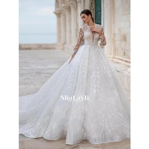 Wedding dress Lace wedding dress v-neck 3d flower long sleeve wedding gown beautiful embroidery applique atmosphere big skirt