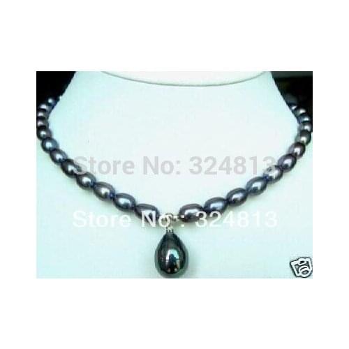 Hot 7-8MM Black Freshwater Cultured Pearl/ Shell Pearl Pendant(12x16MM) Necklace