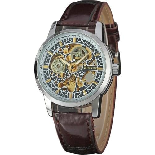 WINNER New Arrival Water Resistant Watches Skeleton Wheel Design Mechanical Wristwatches Fashion Hombre Leather Strap Watch