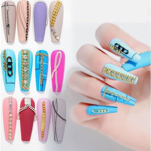 12 grids Metal chain fashion crystal stud nail decoration Golden Silver UV Gel Polished Nail Art DIY Charm 3D nail claw chain