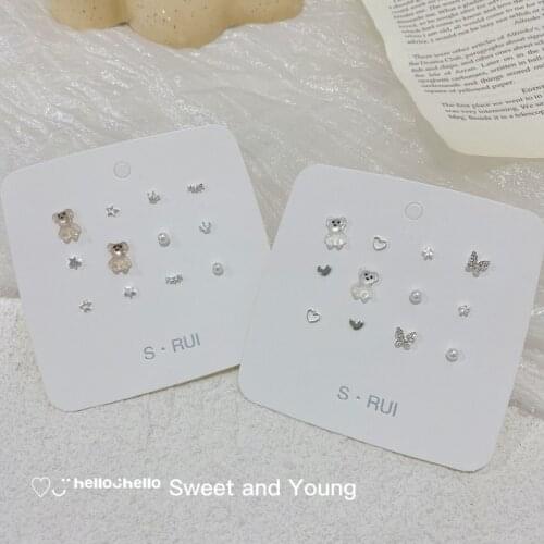 S925 Three-Dimensional Bear Earrings Set Simple Female Small Geometric Love Five-Pointed Star Cute Pearl Earrings Tide
