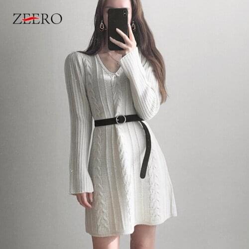 Autumn Winter Woman Casual Slim Warm Jacquard Knit Dress Twist Weaving Vintage Long Sleeve Matching Belt Base Sweater Mini Dress