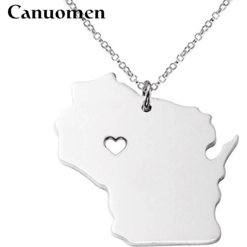 10pcs/lot Wisconsin Pendant Necklace Wyoming US States Maps Stainless Steel Necklaces I Love USA Hometown Charm Jewelry
