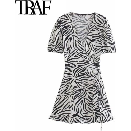 TRAF Women Fashion With Ties Animal Print Wrap Mini Dress Vintage V Neck Short Sleeve Female Dresses Vestidos Mujer