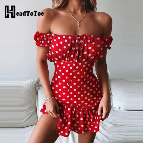 Off Shoulder Ruffles Dot Print Dress