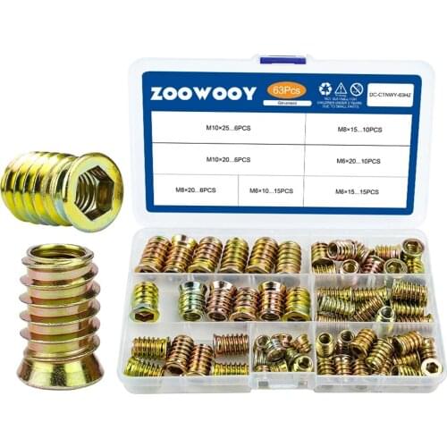63pcs Wood Insert Nuts M6 M8 M10 Hexagon Wood Threaded Inserts Galvanized Carbon Steel Furniture Screw in Nut Connector