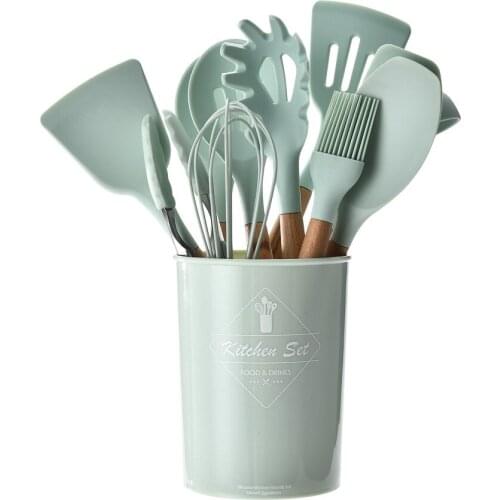 Silicone Kitchenware Cooking Utensils Set Non-stick Cookware Spatula Shovel Egg Beaters Wooden Handle Kitchen Cooking Tool Set