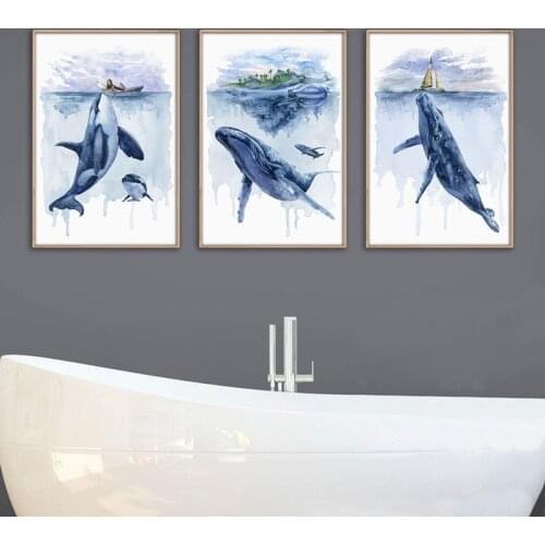 Blue Whale Painting Art Prints Nursery Decor , Humpback Whale Shark Animal Canvas Poster Bathroom Wall Art Pictures Decoration