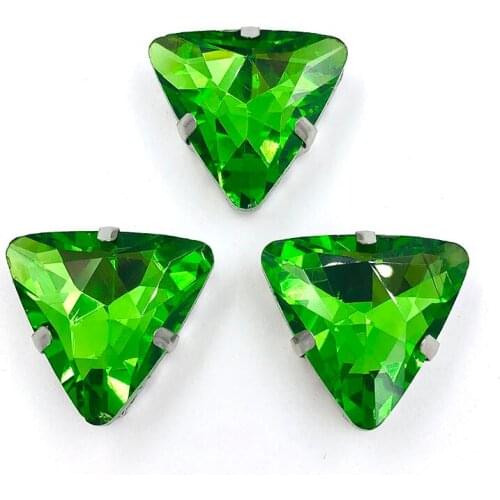 Free shipping grass green Triangle sew on rhinestones, High quality crystal glass loose rhinestone 18mm 20pcs