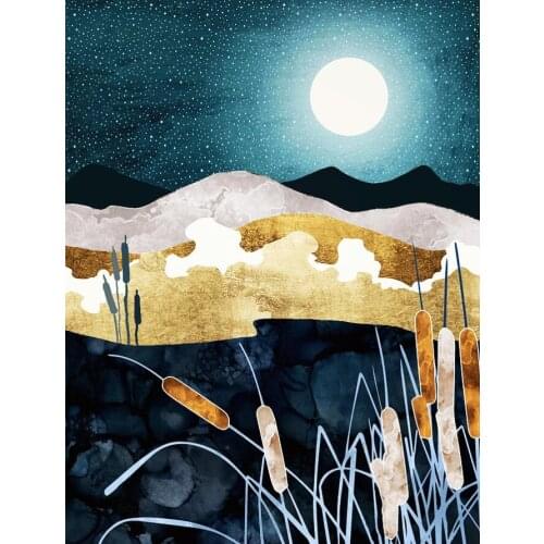 Vintage Canvas Prints Abstract Full Space Stars Nebula Painting Moon Grass Lakes Printing Wall Arts Pictures Bedroom Home Dcor