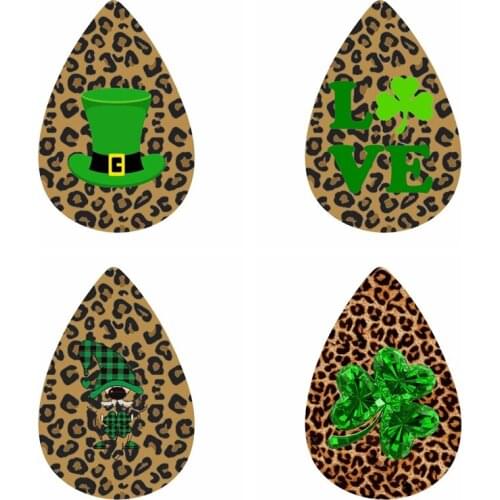 Leopard Print Leather Teardrop Earrings Green Hat For Saint Patricks Day Animal Print