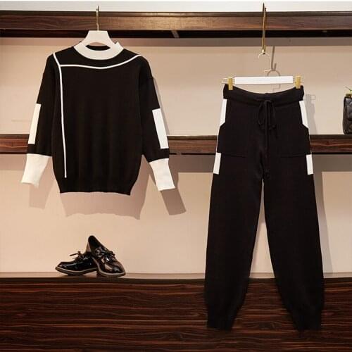 VERHELLEN Autumn Winter 2019 Women Knitted Pullovers Sweater Casual Stripe Jumper Tops and Pants Suits Tracksuits 2 Piece Set