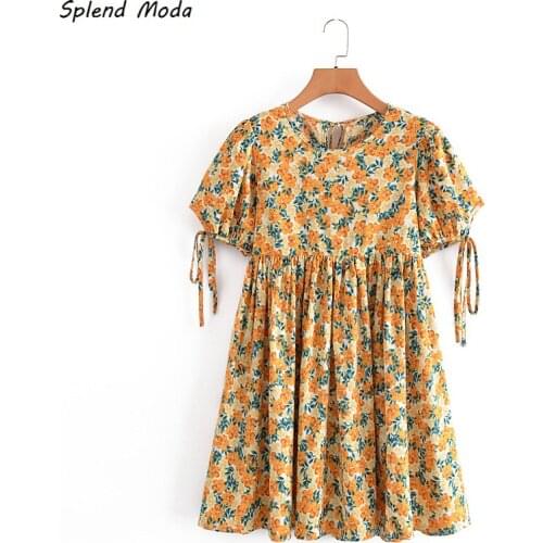 Splend Moda 2021 Summer Vintage Floral Print Cuffs Lace-Up Loose High Waist O-Neck Dress For Women Zipper Vestido Fashion
