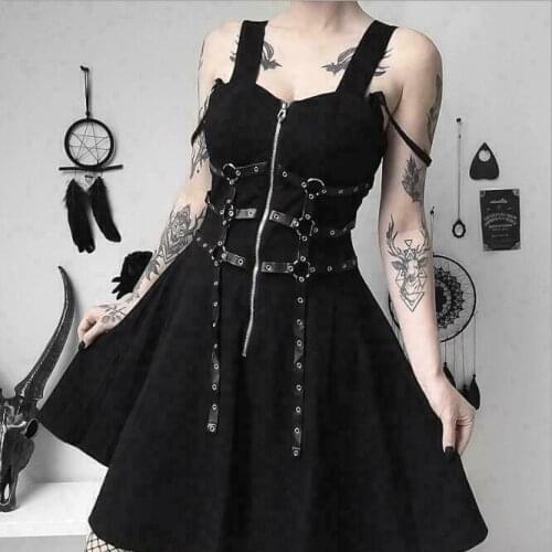 Womens Sexy Punk Gothic Eyelet Straps Zippers Flared Short Dress Overalls DES