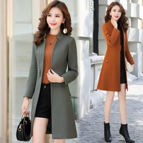 2021 Spring Autumn New Korean Woolen Jacket Coat Womens Elegant Temperament Slim Woolen Coats solid color Female Long Outwear