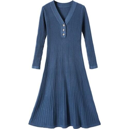 Autumn Winter Knitted Sweater Dress Slim Womens Long Dress V-neck Oversized Ladies Knit Dresses Elegant Female Sweater Vestido