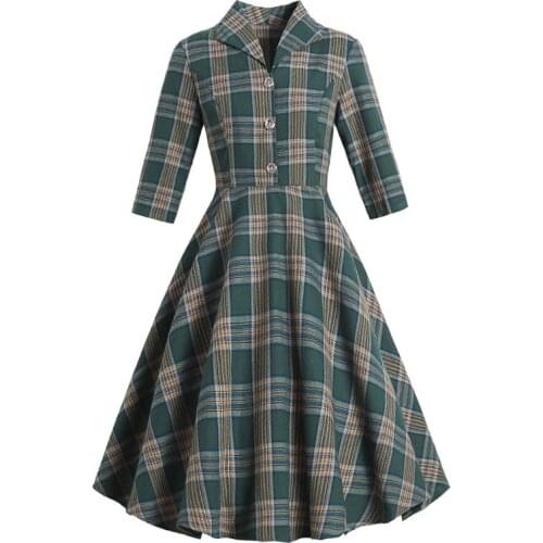 Womens 3/4 Sleeves Retro Dresses Turn-down Collar Button Up Green Plaid Shirt Blazer Vintage Robe Elegant Swing Dress