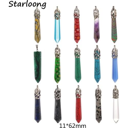 1pc Hexagonal Multi Color Natural Lapis Pink Opal Tiger Eye Crystal Pillar Quartz Column Gem Stone Pendant for DIY Necklace Make