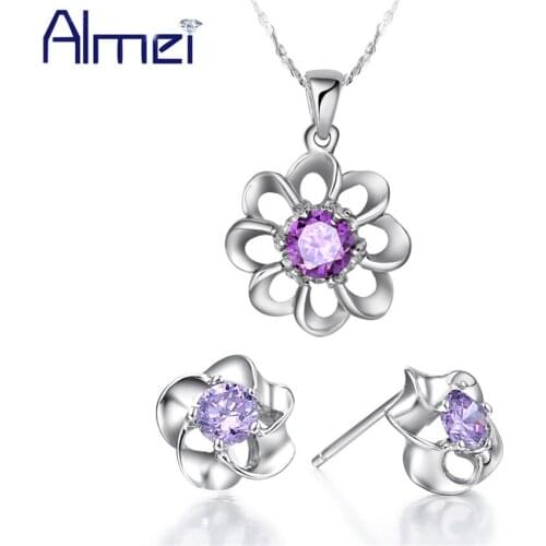 Almei White/Purple Flower Jewelry Sets for Women New Silver Necklace Set Fashion Crystal Pendant Necklaces Earrings Sale T019