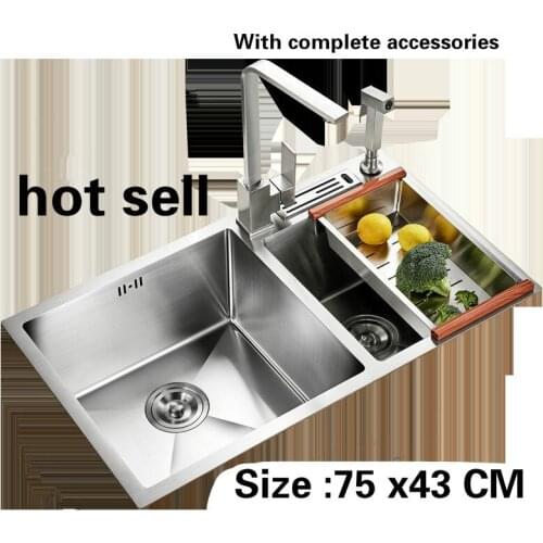 Free shipping Kitchen sink 3 mm double groove ordinary food grade 304 stainless steel durable hot sell stretch tap 75x43 CM