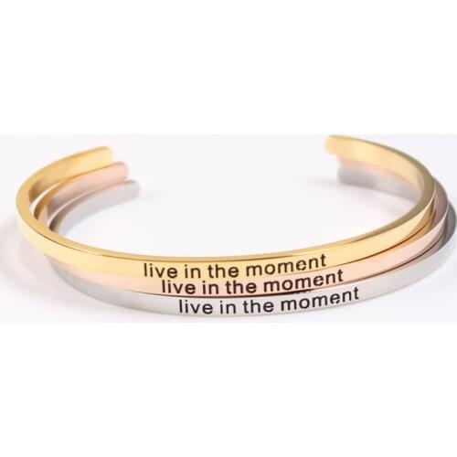 Live In The Moment Stainless Steel Bangle Engraved Positive Inspirational Quote Hand Stamped Cuff Mantra Bracelets for Men Women