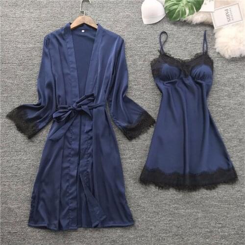 Brand sexy womens robe & gown sets twinest bathrobe + mini night dress two pieces sleepwear womens sleep set faux silk